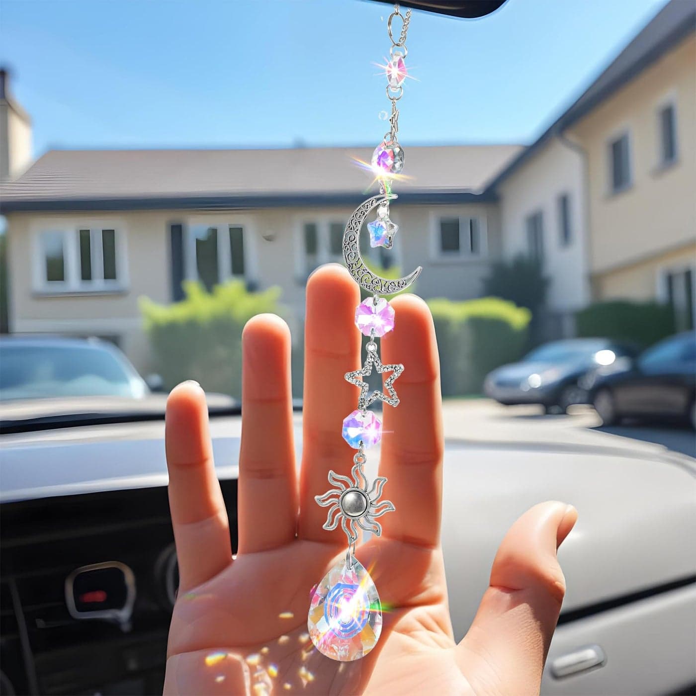 AOZUO Moon and Star Rear View Mirror Charm Crystal Boho Car Hanging Decor Cute Suncatcher Healing Car Ornaments for Women Men