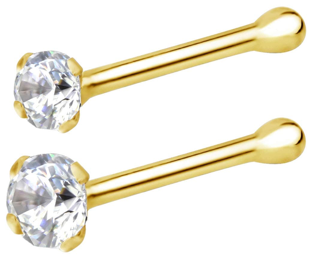Forbidden Body Jewelry FBJ 14k Gold Nose Ring, 22g, Solid 7mm Micro Stud, 1.25 & 2mm CZ Simulated Diamond, Non-Irritating Skin Safe Real Gold, Women/Men (2 Pcs Set)