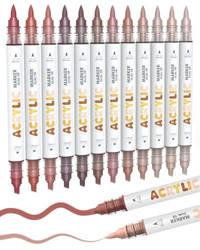 Guangna 12 Red Brown Dual Tip Acrylic Paint Markers Brush Tip Chisel Tip Acrylic Paint Pens for Pumpkin Paint Rock Wood Glass Paper Coloring Book Ceramic Canvas WaterBased Ink
