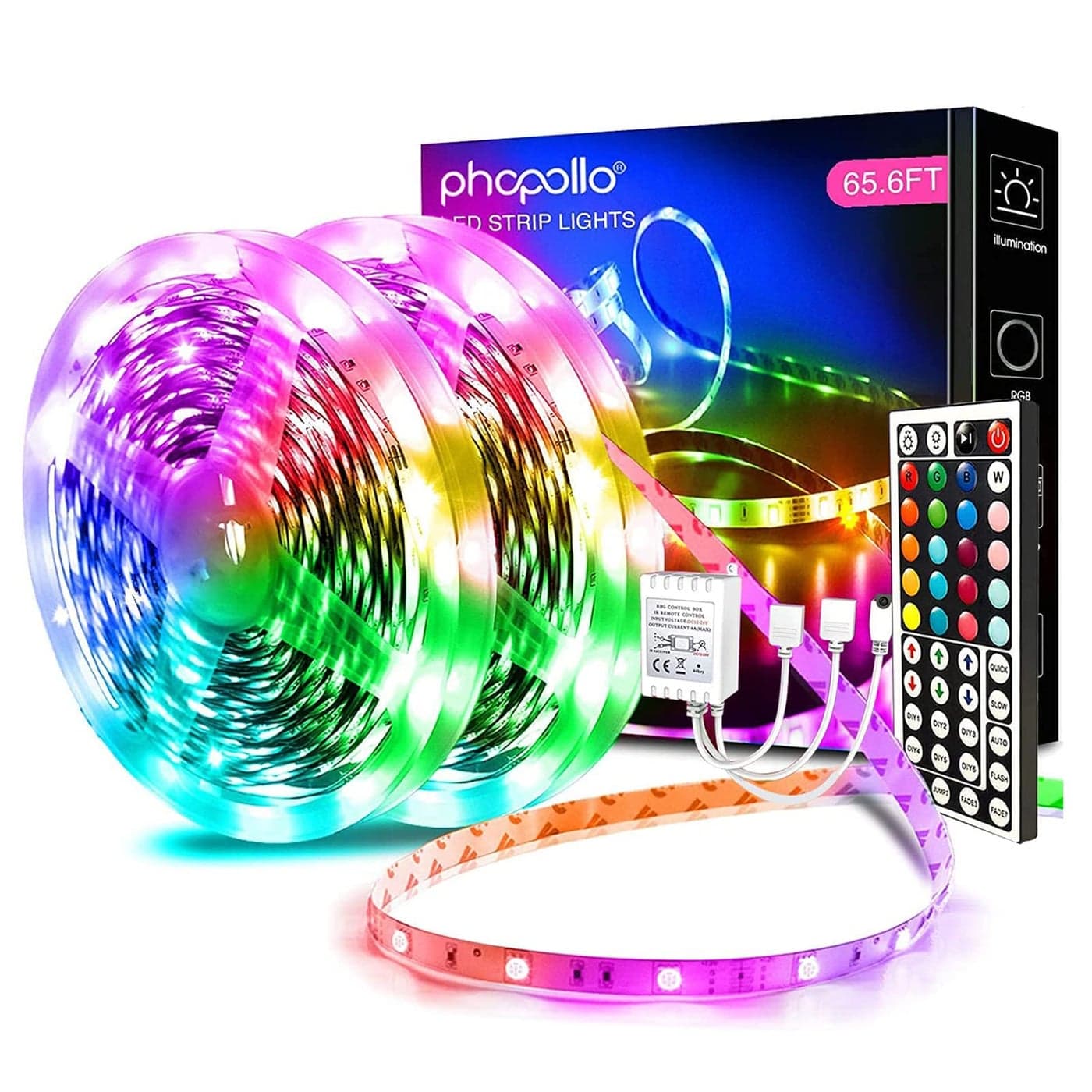 phopollo 65.6FT Led Lights for Bedroom, 5050 Color Changing Led Strip Lights with 44-Key Remote and 12v Power Supply, Led Lights Strip for Home Decoration.