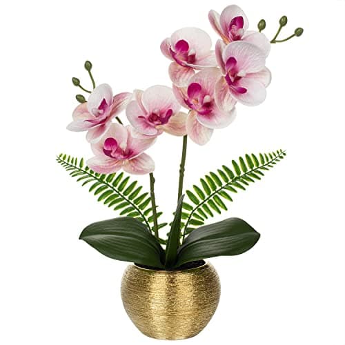 Briful Fake Orchid Fake Plant 13''Pink Orchids Artificial Flowers with Gold Ceramic Vase Faux Orchid for Home Office Gold Table Centerpiece Decor Indoor