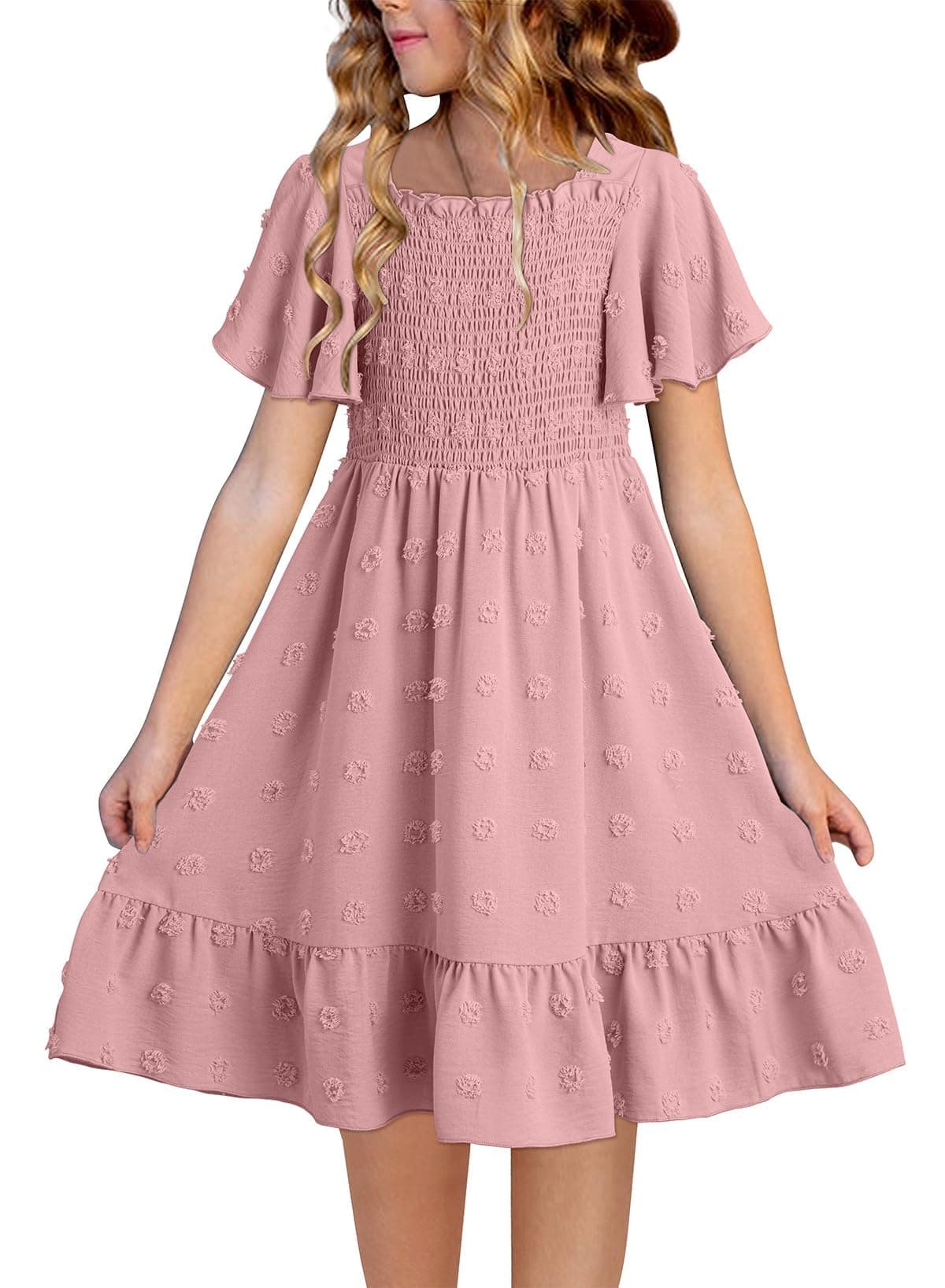 blibean Tween Girls Spring Dress Teen Girl Chiffon Flower Boho Dresses Little Kids Flutter Short Sleeve Formal Clothes Party Swiss Dots Vestidos Niñas Size 6-7 Years Old Dusty Pink