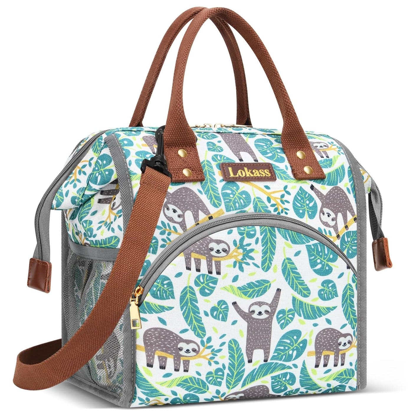 LOKASS Lunch Bag Insulated Lunch Box WideOpen Lunch Tote Bag Large Drinks Holder Durable Nylon Snacks Organizer with Removable Shoulder Strap for Women Men Adults Work OutdoorSloth