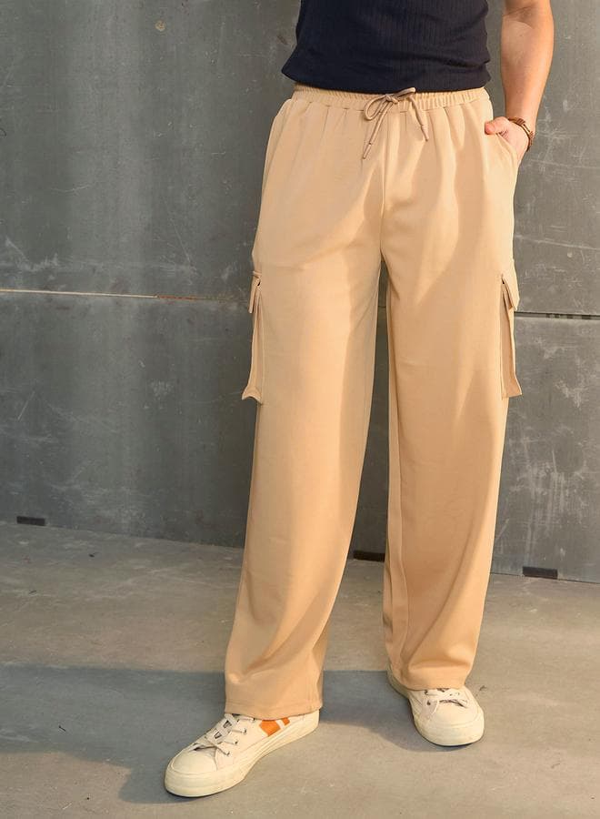 SASSAFRAS Beige Solid Drawstring Waist Wide Leg Pants