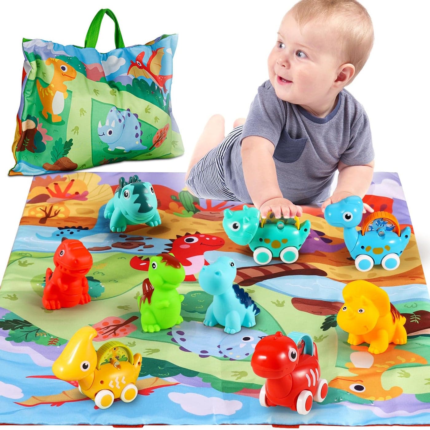 ALASOU 9 PCS Dinosaur Fantastic Creatures Toys with Playmat/Storage Bag|Baby Car Toys for 1 Year Old Boy|1st Birthday Gifts for Toddler Age 1-2|1 Year Old Boy Birthday Gift for Infant 12 18 Months