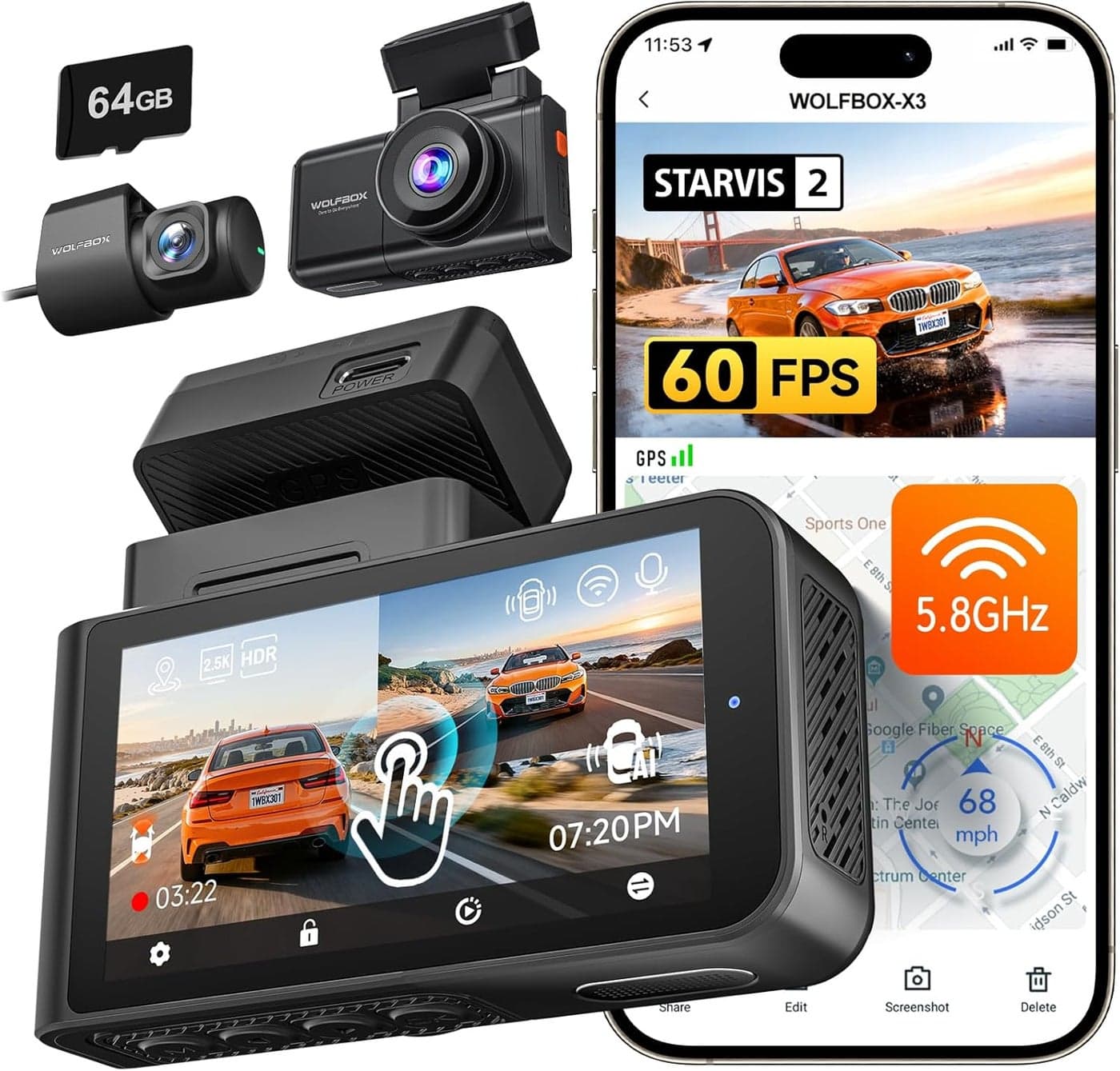WOLFBOX X3 2.5K 60FPS Dual Dash Cam with WiFi & GPS