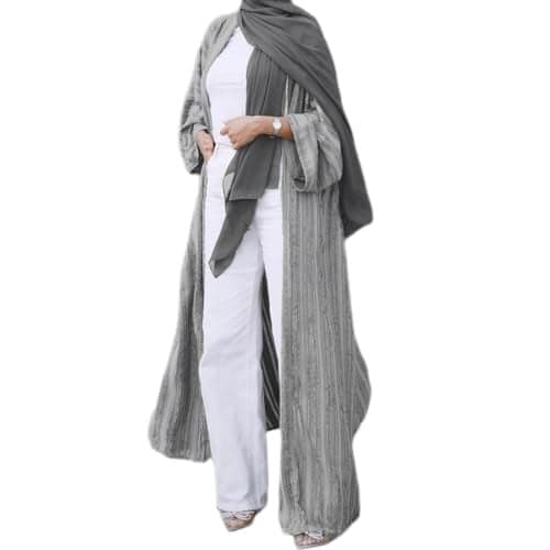 ODIZLI Eid Abayas Women Long Cardigan Robe Muslim Clothes Long Sleeve Stripe Open Front Kaftan Dress Loose Kimono Middle East Ethnic Shirts Dress Eid Ramadan Tight Knot Corban Silver Long Cardigan M