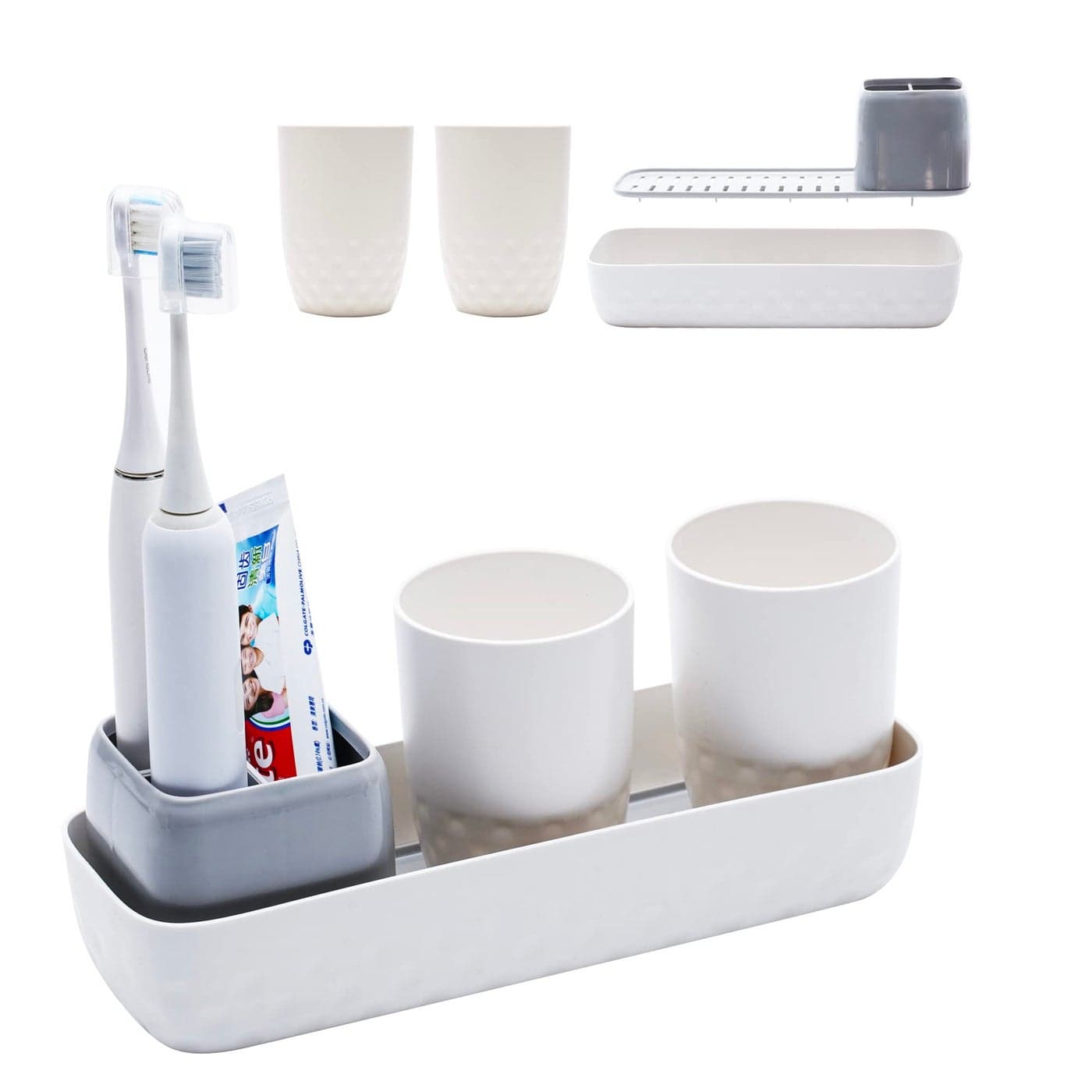 Ayswupt Toothbrush Holders for BathroomsKids Electric Toothbrush Holder with 2 Cups SetWhite Tooth Brush Toothpaste Caddy StorageSmall Bathroom Countertop Organizer Stand for Men Farmhouse Family