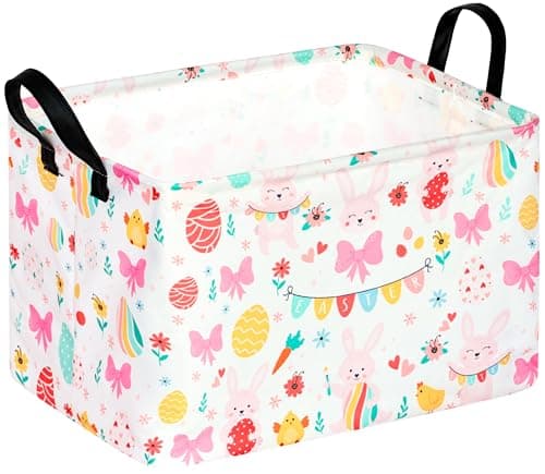 ACMUUNI Happy Easter Eggs Bowknot Rabbit Shelf Basket Clothes Laundry Storage Box Storage Bins Bunny Basket Laundry Hamper with Handles