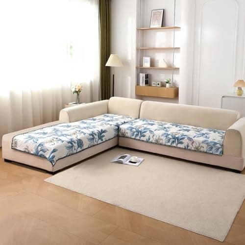 HOKIPO 'HomeHues Series' Printed Quilted L Shape (3+3 Seater) Sofa Cover Seat Mat, Celadon Blue Camellia (IN-810-D8*2)