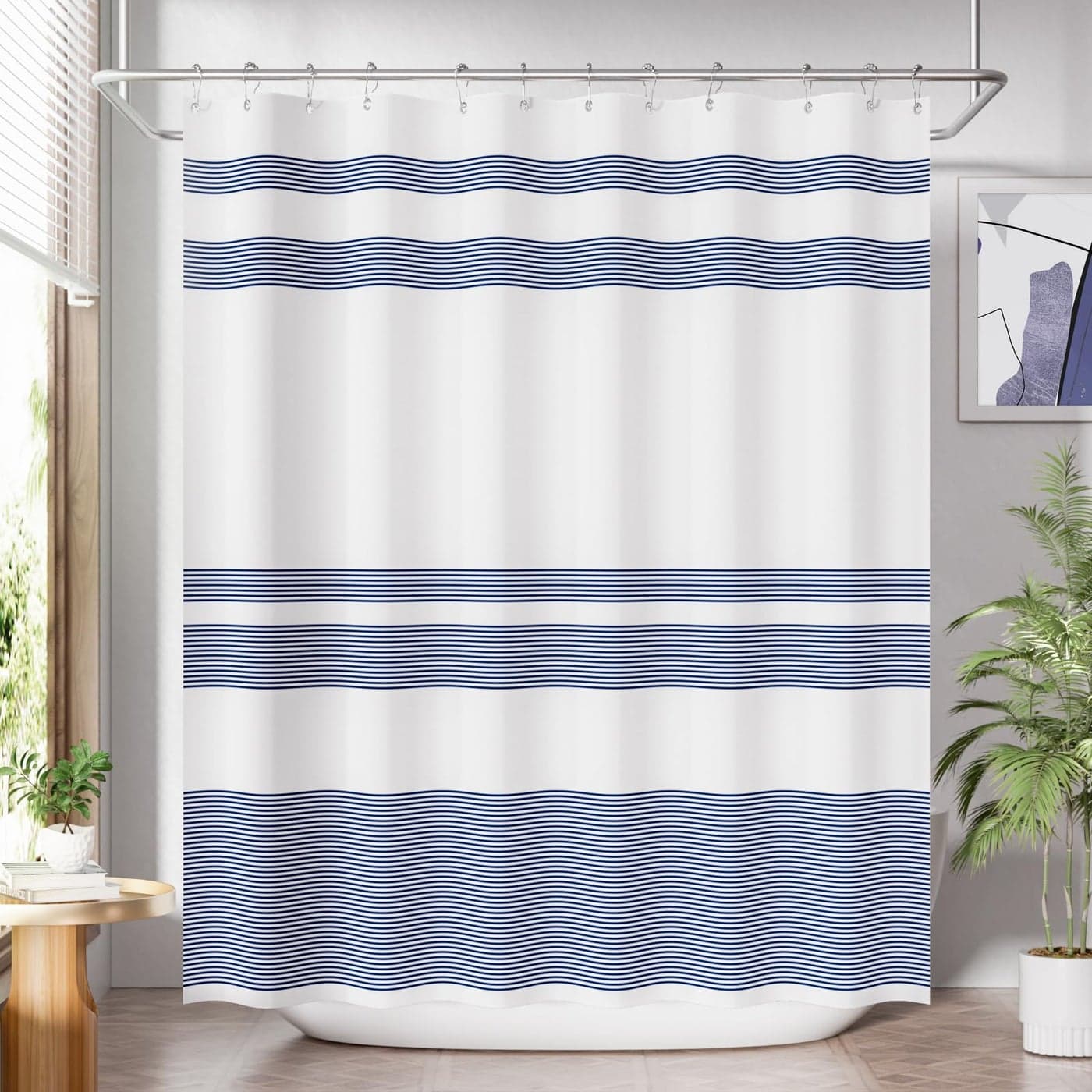 AmazerBath Shower Curtain Striped Blue Cloth Sets with 12 Shower Curtain Hooks Rustic Fabric Blue and White Washable Farmhouse Bathroom Shower Curtain 72x72 Inches
