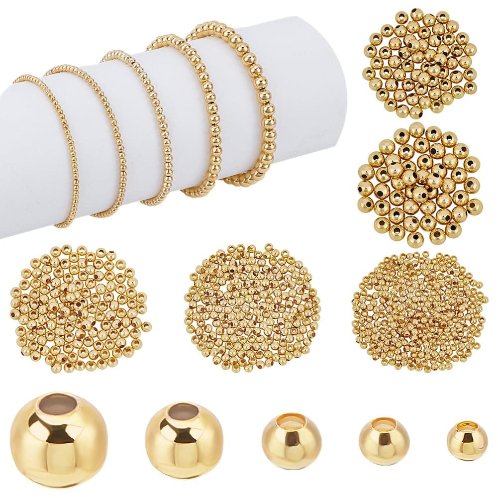 PH PandaHall 695pcs 18K Gold Spacer Beads 5 Sizes Seamless Smooth Beads 225345mm Loose Bead Tiny Ball Bead for Summer Hawaii Layered Necklace Bracelet Jewelry Making