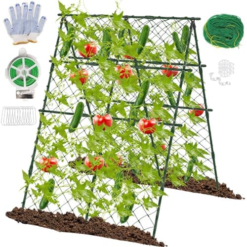 STFALI 63"H x 47"L Cucumber Trellis for Raised Bed, Adjustable Garden Trellis for Climbing Plants Outdoor with Climbing Net and Plant Support Clip, A-Frame Trellis for Vegetable, Cucumbers, Tomatoes