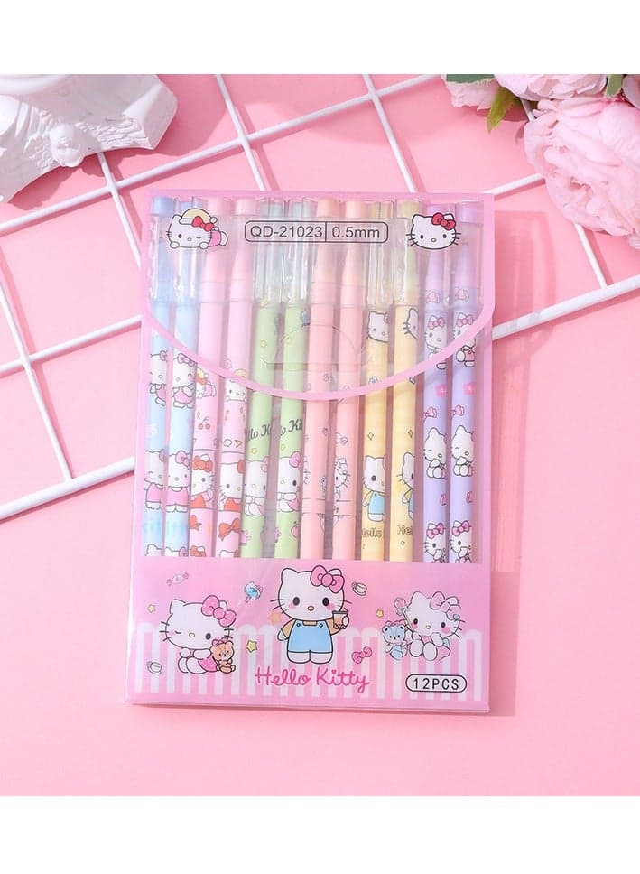 12 Pieces Of Cute Family Erasable Straight Neutral Pen Ins Girl Feng Shui Pen High Value Gift Pen Stationery (KT-CAT-0.5mm Blue Refill)