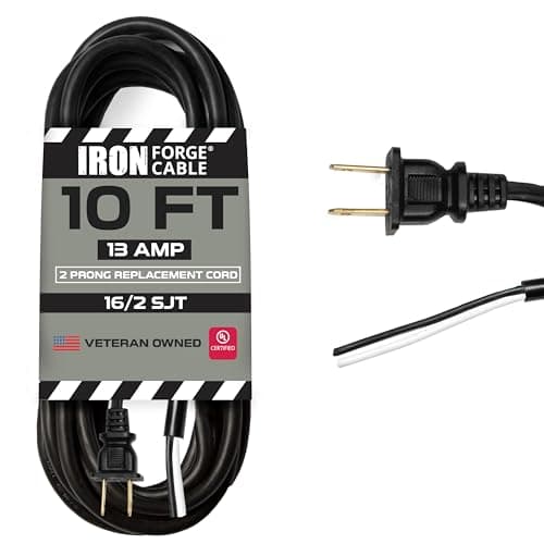 Iron Forge Cable 16 AWG Replacement Power Cord with Open End - 10 Ft Black Extension Cable, 2 Wire 16/2 SJT