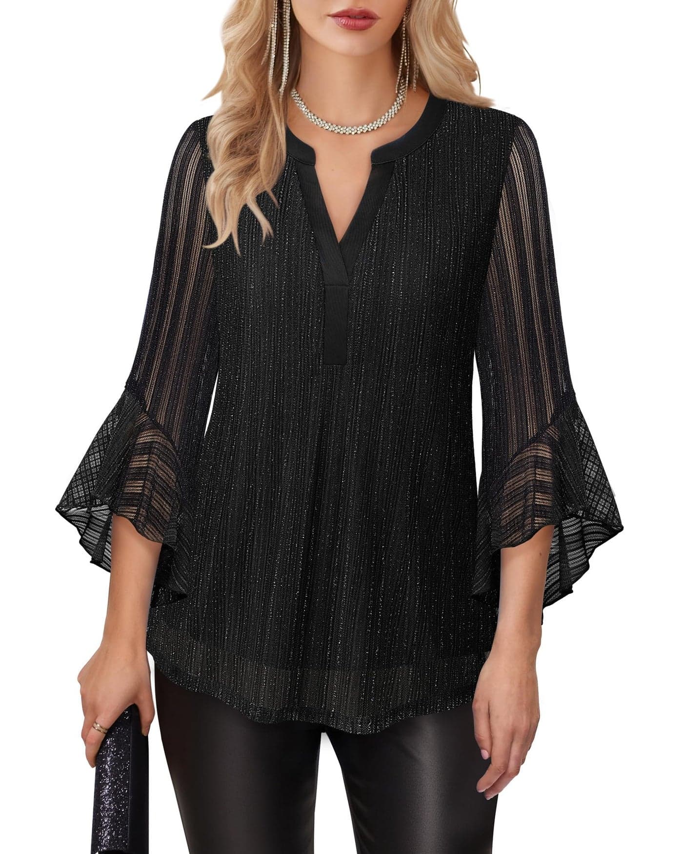 Lotusmile Formal Tops - Black Sparkly Casual Classy Tops for Women, Going Out Fancy Blouses with Flare Sleeve