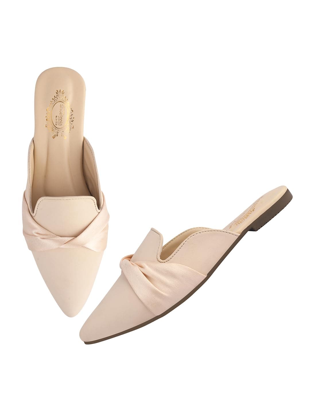 Shoetopia Women's CreamSlip-On Mules – Pointed Toe Flats with Satin Ribbon Detailing | Stylish Casual & Office EU38