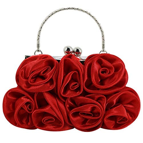 Goclothod Flower Inlaid Silk Evening Bag Shiny Rhinestone Wedding Clutch Handbag Purse Red