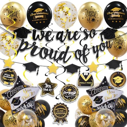 Graduation Decorations Class of 2026 Black and Gold Graduation Balloons with Hanging Swirl We are So Proud of You Banner Congrats Grad Garland Party Supplies