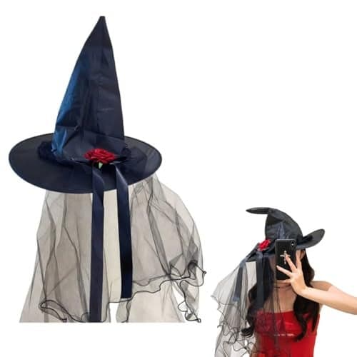 TLISMI Halloween Party Witch Hat with Veil and Red Rose for Girls & Women | Pointed Witch Hat Costume Accessory for Cosplay, Masquerade & Themed Events