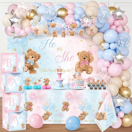 Duraaamo 207Pcs Bear Gender Reveal Party Decorations Boy or Girl Pack Bear Balloon Kit with Backdrop Banner Tablecloth Balloon Boxes Cupcake Stand Sash Pin for Baby Shower Gender Reveal Supplies