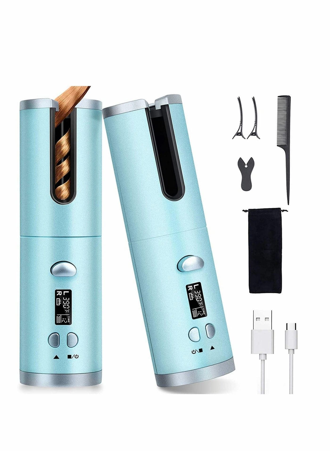 Automatic Hair Curler, Anti-Tangle Wireless Auto Curling Iron Wand, Portable USB Rechargeable Spin Curler Ceramic Barrel Rotating for Long Hair, Fast Heating Styling, Styling Tools(Blue)