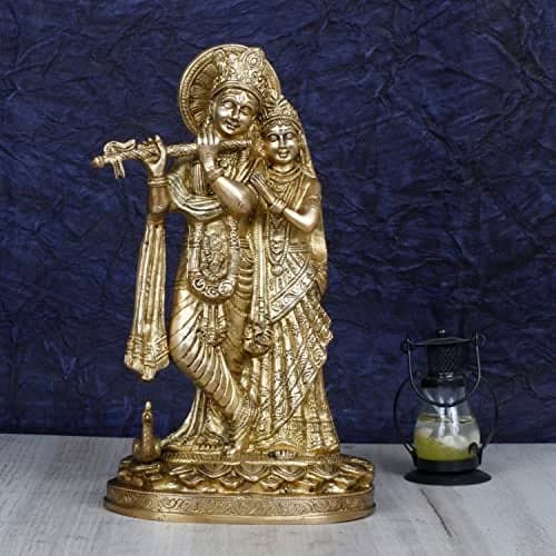 ARTVARKO Radha Krishna Brass Murti Murli Kishan Playing Flute Radha Idol Standing with Peacock for Home Mandir Decor Marriage Height 11 Inch