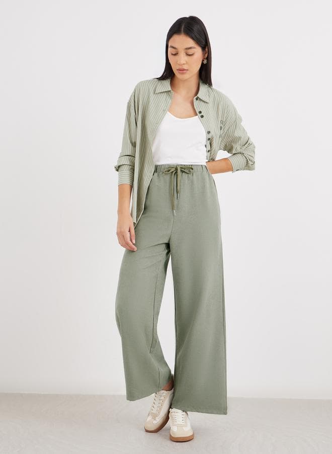 Styli Women Khaki Solid Drawstring Waist Wide Leg Pants — S