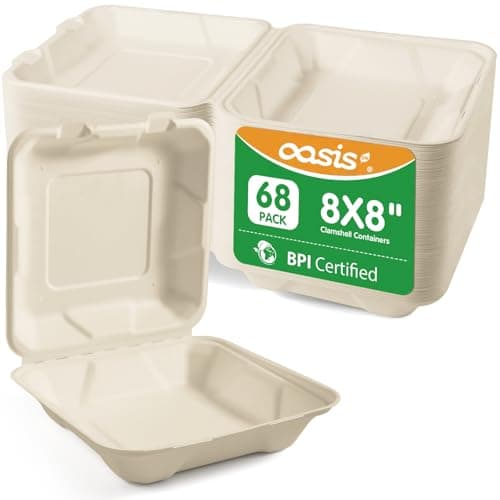 OasisSN 8×8", 68-Pack Disposable Clamshell Take Out Food Containers, Biodegradable Paper To Go Boxes for Burgers, Sandwiches, Fries & More (Natural)