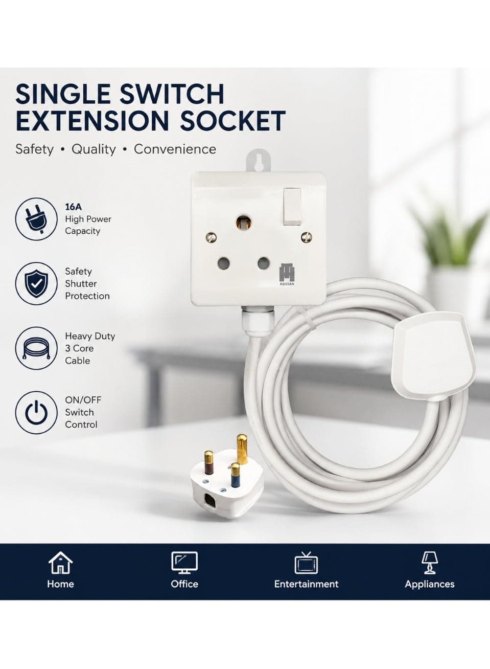 15A Heavy Duty Extension Socket with Switch | 3 Pin Round Plug | High Power Extension for Home, Office & Workshop
