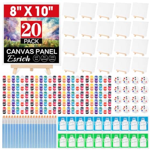 ESRICH 20 Pack 8x10 Canvas and Easel Set, Mini Acrylic Paint, Paint Brushes, Palettes, Aprons, Sip and Paint Kits for Adults Couples Friends Date Night Painting Party Supplies