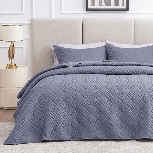 Love's cabin Quilts for Queen Bed Bluish Grey Bedspreads Bedding Set - Summer Lightweight Bedspread Comforter - Wave Pattern Bedding Coverlet for All Season - 3 Pieces (1 Quilt, 2 Pillow Shams)