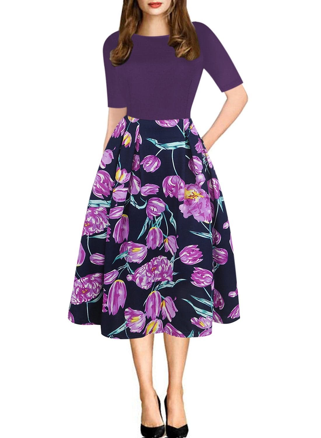 oxiuly Womens Vintage Patchwork Pockets Puffy Swing Casual Party Dress OX165 Purple x_l