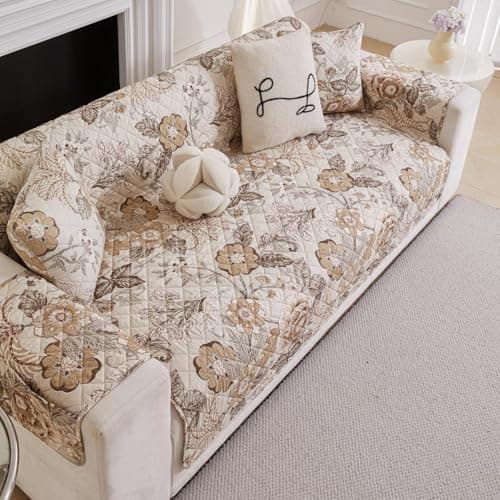HOMETHREADS Premium Style Anti Slip Sofa Cover Set | Cotton Sofa Slipcover | 1Pc Front Cover with Attached Armrest + 1Pc Back Cover (Coffee_Rose, 3 Seater | 175x185cm)