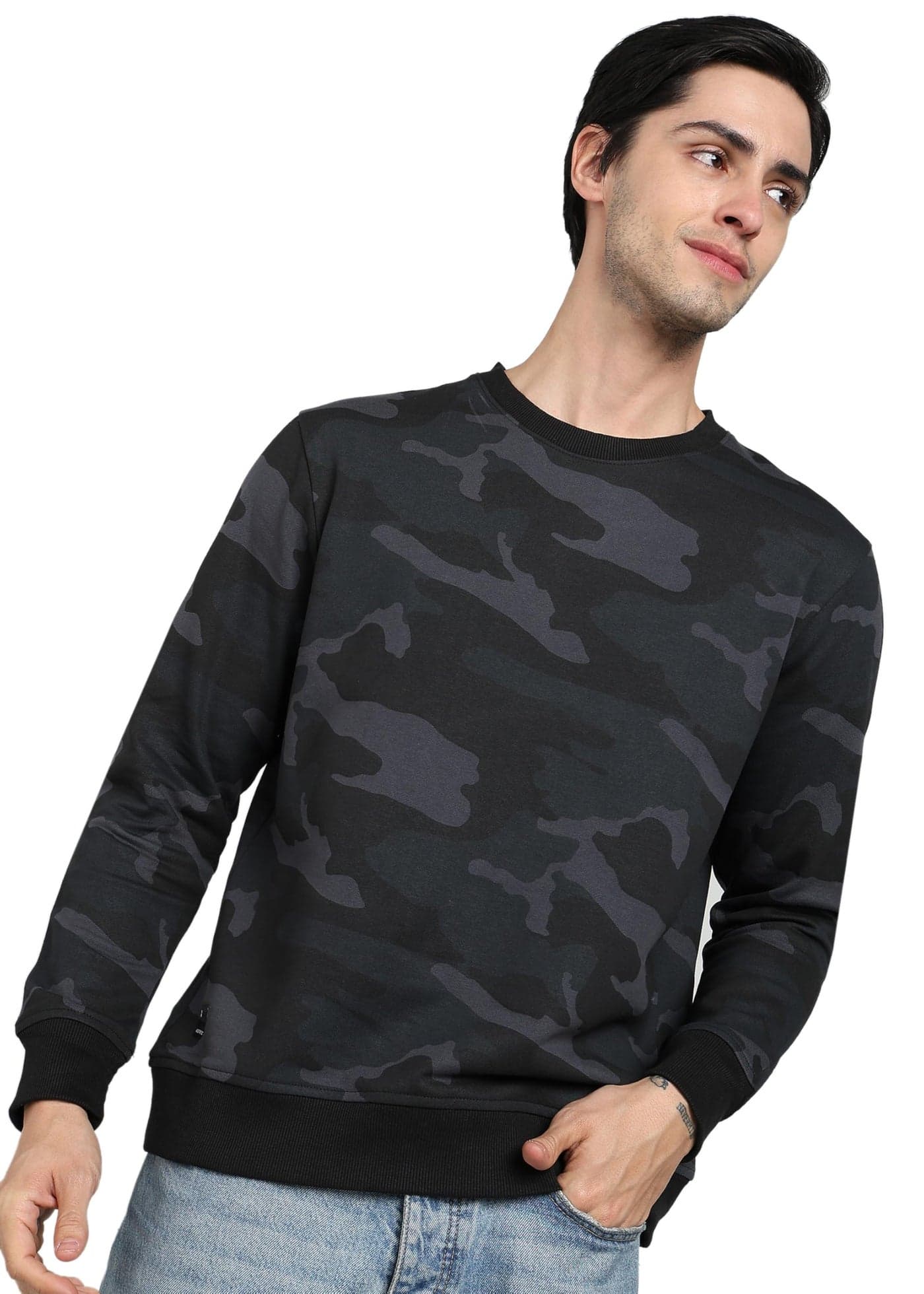 Alan Jones Clothing Camouflage Print Men's Crew Neck Sweatshirt (Black_2XL)