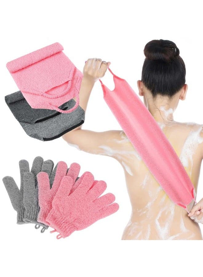 4 Pack Exfoliating Washcloth Back Scrubber Set, 2 Exfoliating Body Scrubber Nylon Back Body Scrub Towel, 2 Pairs Shower Gloves for Women Men Bath Shower Exfoliation(Pink, Gray)