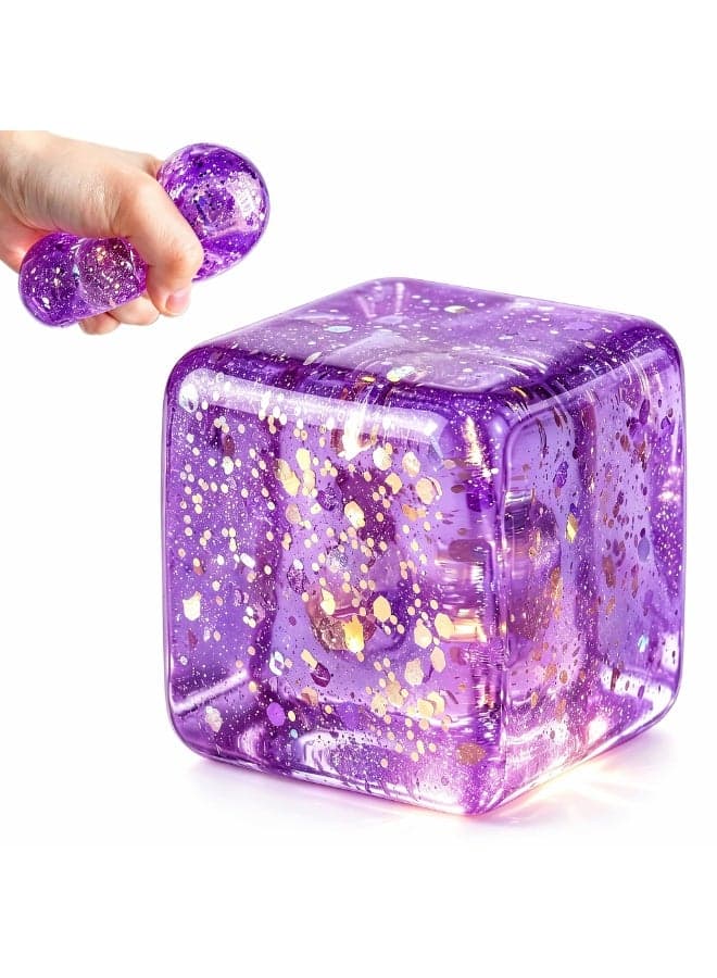 Cube Figurines Stress Ball, Purple Cube Figurines Stress Ball Fidget for Anxiety Relief, Glitter Purple Figurines Fidget Stress Ball, Quiet Desk Decor Portable Cube for Adults, Stocking Stuffers