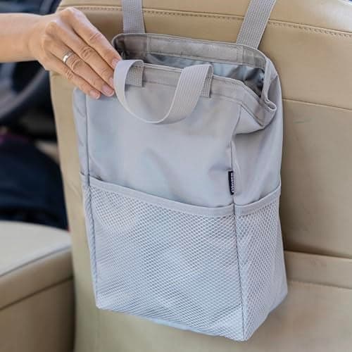 Ginsco New LeakProof Travel Trash Bag Hanging Car Trash Can with Hook and Loop Lid and Handle Multipurpose Trash Bin with Storage Pockets for Car SUV Truck RV Camping 2 Gallons Atomic Silver