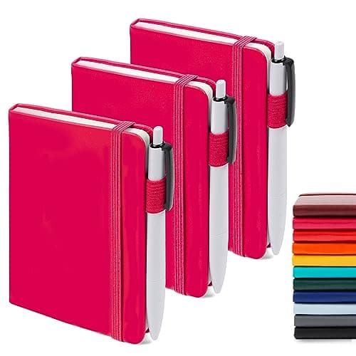 feela 3 Pack Pocket Small Notebook Journals, Mini Cute Memo Notepad Hardcover College Ruled Lined Journals with Pen Holder for Women Girls Office School, with 3 Black Pens, 3.5”x 5.5”, A6, Berry