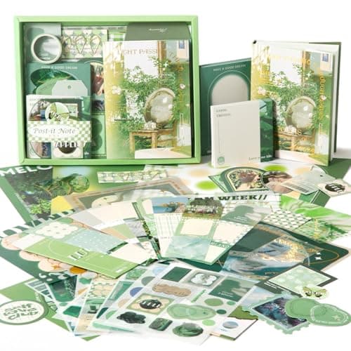 The AutoStory Botanical Scrapbooking Kit A6 Junk Journal Nature Stickers Art Collage Paper Washi Tape DIY Craft Aesthetic Stationery Collection Gift for Teens Girls (Poetry of Misty Island, Green)