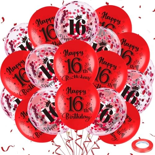 Wayyogh Red 16th Birthday Balloons 18Pcs Happy 16th Birthday Decorations Latex Balloons with Confetti for Teenagers Unisex