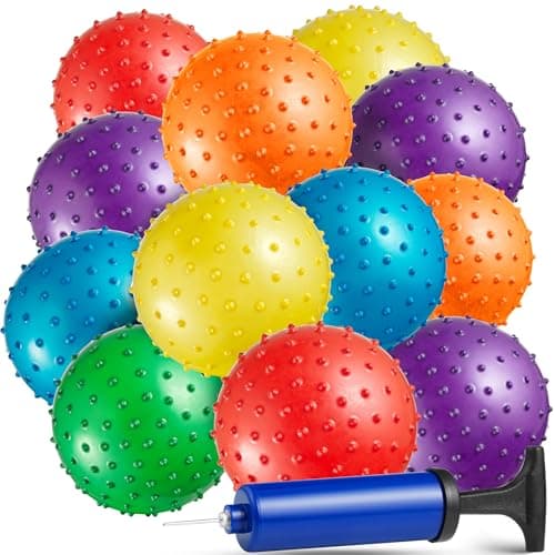 Bedwina Mini Knobby Balls Pack of 12 Bulk 5 Inch Sensory Balls and Spiky Massage Stress Balls with Pump Fun Bouncy Ball Party Favors