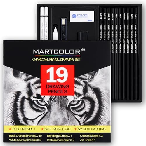 MARTCOLOR Charcoal Drawing Set 19 Pieces Black White Charcoal Pencils for Drawing Sketching Shading Blending Artist Pencils for Beginners Pro Artists