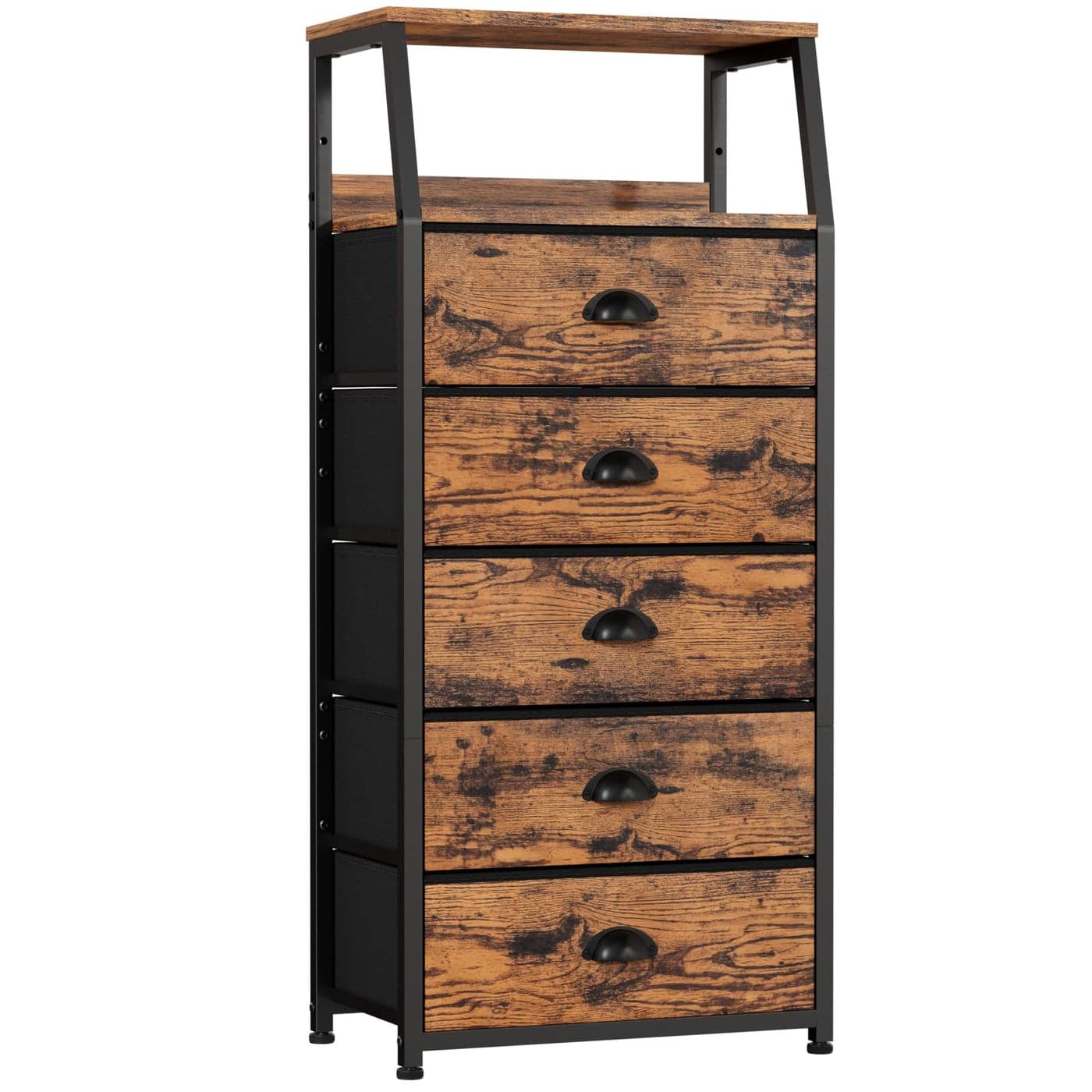 Furnulem Tall 5 Drawers Dresser Vertical Storage Tower Fabric Dresser for Bedroom Hallway Entryway Nursery Closet Organizer Nightstand Bedside Table Furniture Sturdy Steel Frame Wood Top
