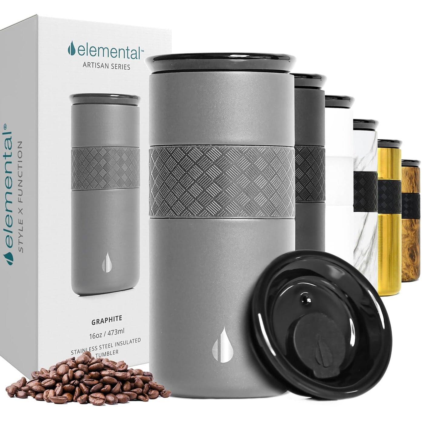 Elemental Artisan Insulated Tumbler Triple Wall Coffee Travel Mug Reusable Stainless Steel Coffee Tumbler with Ceramic Lid Thermal Coffee Cups for Hot 6 Hrs Cold 18 Hrs 16oz Graphite