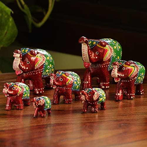 ExclusiveLane 'Seven Tuskers in Maroon' Decorative Elephant Showpieces for Home Décor (Set of 7, Fibre)|Handcrafted Showpiece for Living Room Showpiece for Gift Antique Showpieces for Bedroom Figurine