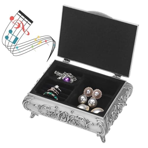 ELLDOO Vintage Music Box, Silver Metal Musical Jewelry Box Keepsake Box, Small Trinket Jewelry Storage Box Gift for Girl Women (Tune: You are My Sunshine)