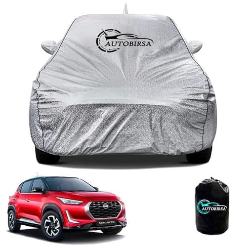 AUTOBIRSA Waterproof Car Body Cover for Nissan Magnite with Mirror and Antenna Pocket and Soft Cotton Lining (4 Side Elastic Triple Stitched & Metallic Silver with Black Piping Style)