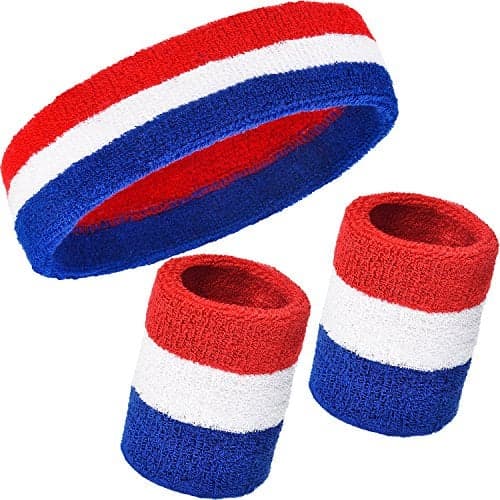 WILLBOND 3 Pcs Sweatbands Set 80s 90s Neon Sports Headband Tennis Striped Sweat Band Sports Competitions Games for Men Women Party Supplies(Red, White and Blue,Striped Style)