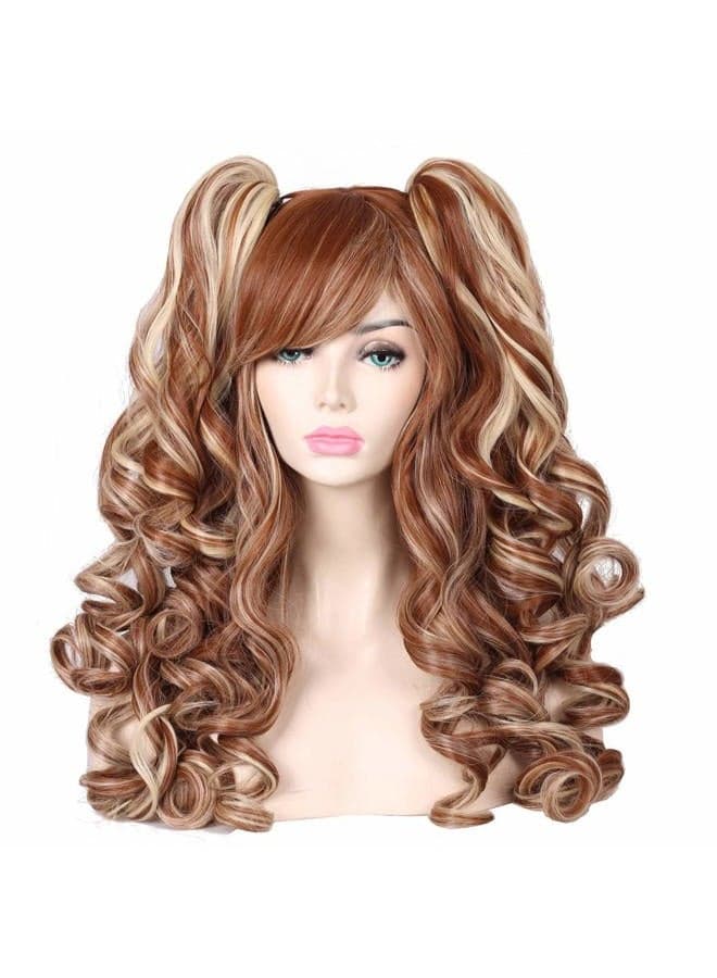 (Brown/Blonde) - Long Curly Multi-Colour Cosplay Wig with 2 Ponytails(Brown with Blonde)